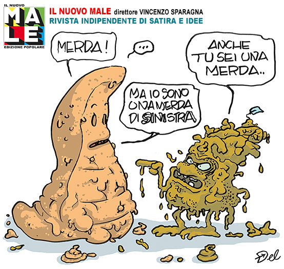 Vignetta di Ugo Delucchi, pubblicata su Il Nuovo Male n.23 di aprile 2015. Direttore Vincenzo Sparagna, coordinamento e grafica di Maila Navarra.