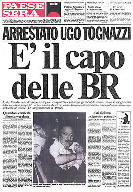 Il falso di Paese Sera con la notizia dell'arresto di Ugo Tognazzi capo delle Brigate Rosse. Il Male n.17, 8 maggio 1979